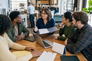 Small business owner introduces an employee handbook and workplace policies to a diverse team.