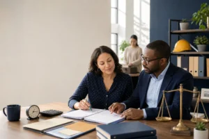 Small business owner and HR adviser reviewing federal employment law requirements