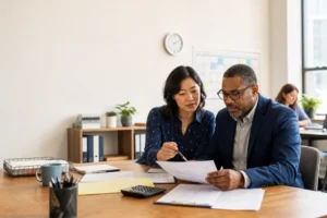 Small business owner and payroll manager reviewing wage and hour records